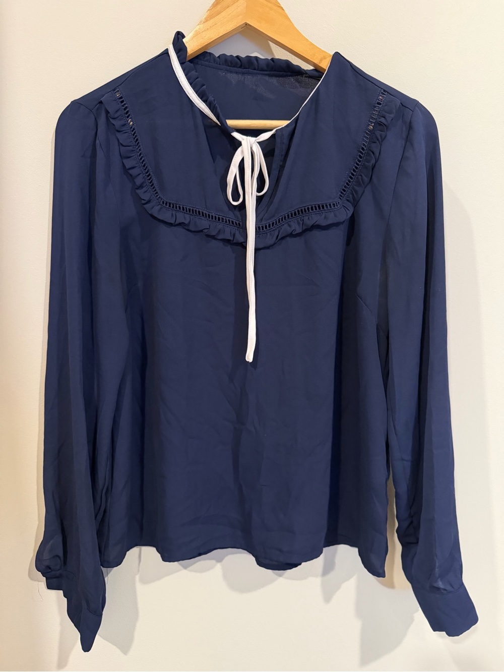 Forever 21 Navy Blouse with White Tie and Ruffle Collar